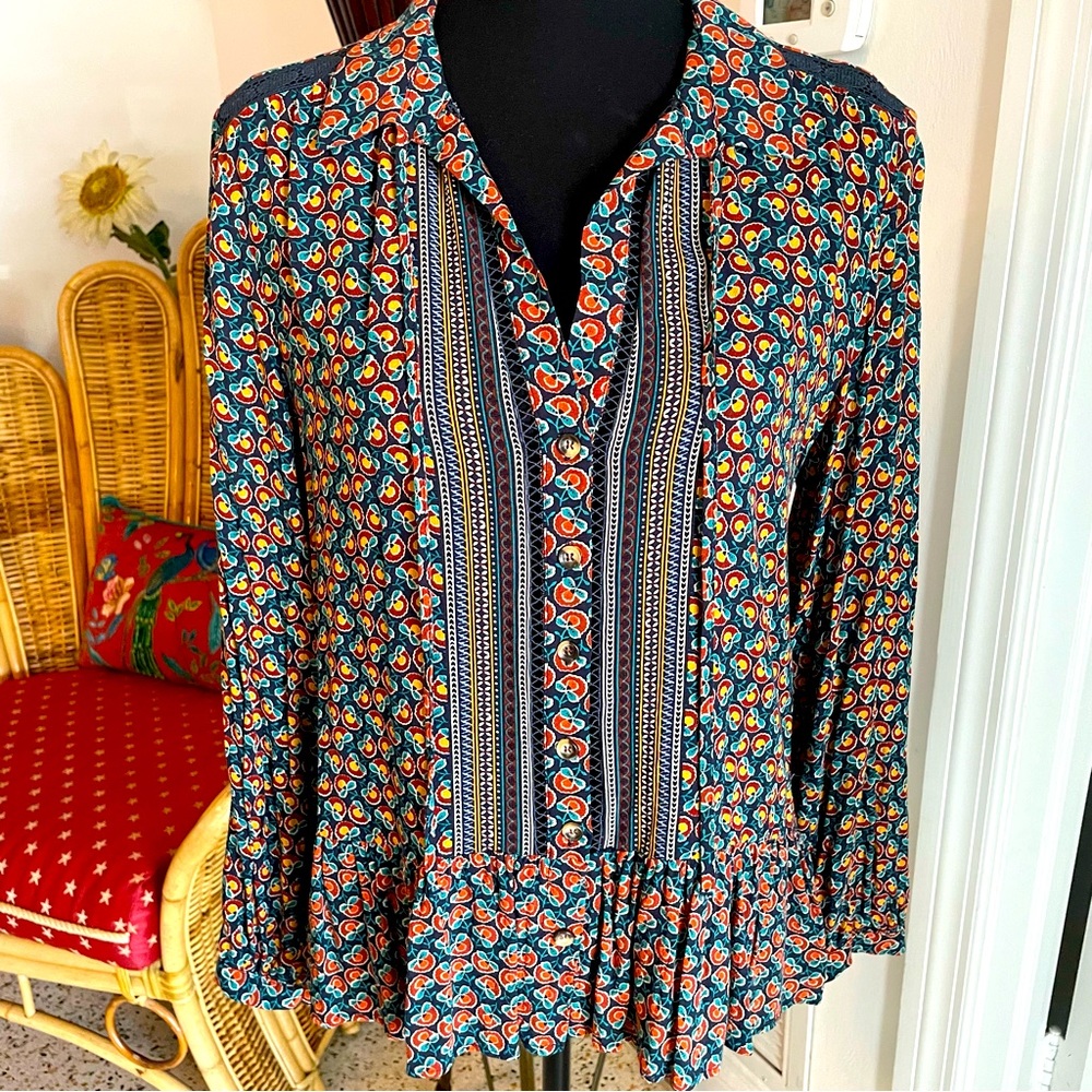 ANTHROPOLOGIE Maeve Long Sleeve Navy Blue Print Button Front Shirt Top! 6